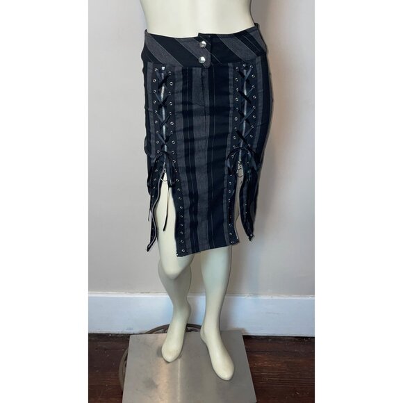 Y2K Black Orchid Black Striped Lace-Up Pencil Skirt Whimsigoth Punk Size XS - Picture 3 of 8